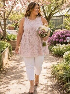Berryou Blush Pink Lace Sleeveless Top 2XL Eyelash Lace Swing Tank